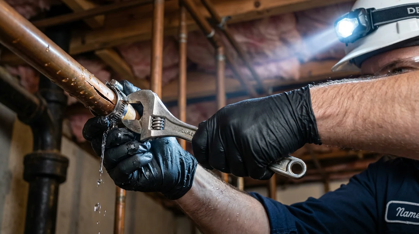 Emergency pipe clamp repair being performed by a Johns Plumbing LLC plumber in Talbotton