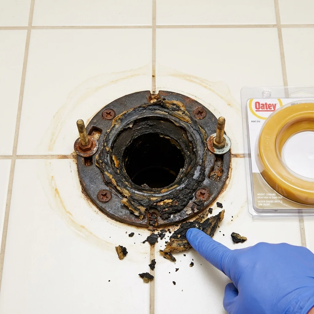 Failed wax ring showing water seepage at the base of a toilet in a Talbotton, GA home